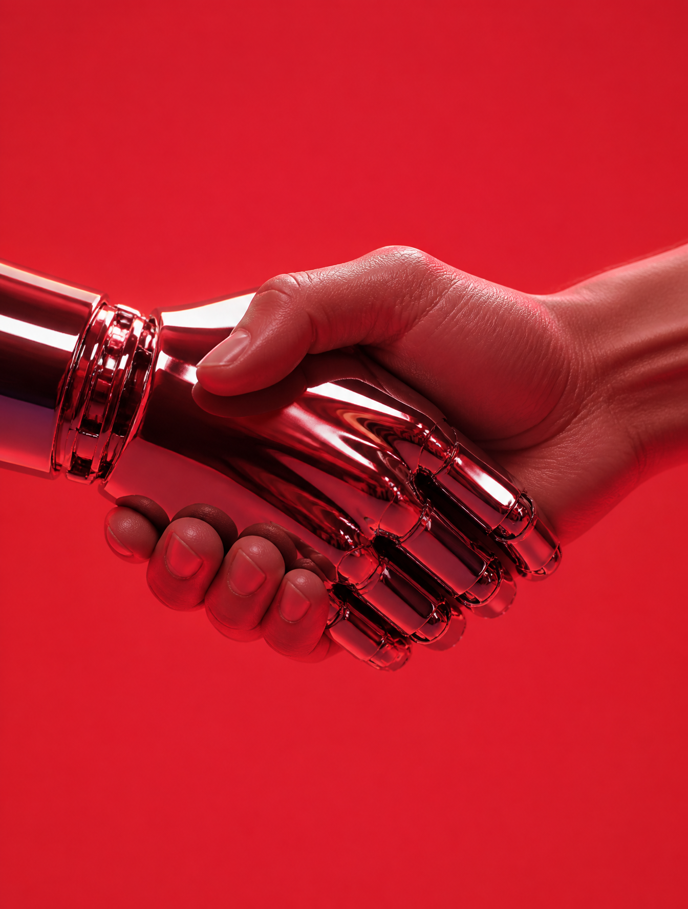 A human hand and a polished chrome robotic hand engage in a firm, symmetrical handshake, …