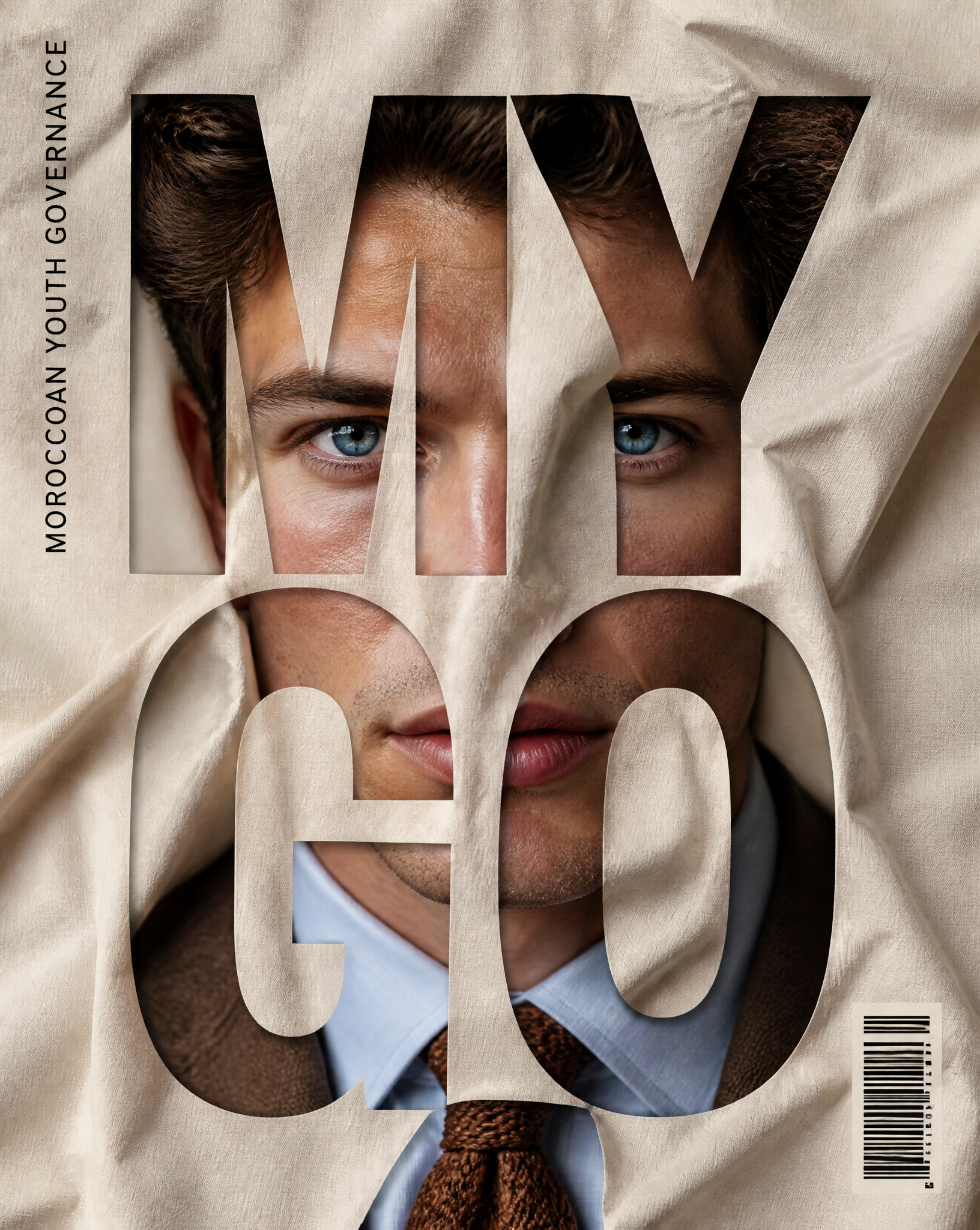Vertical editorial poster portrait of WHITE MAN  with IN BROWN SUIT BLEU SHIRT AND BROEN …