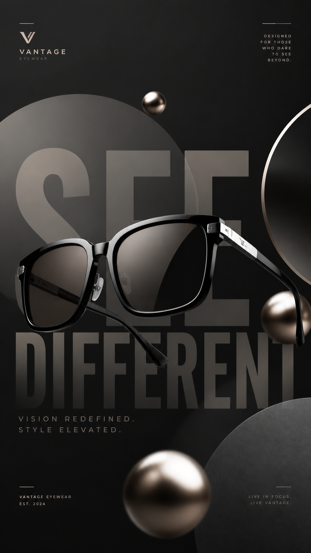 A premium commercial advertising poster for a modern luxury sunglasses brand.Central Subj…