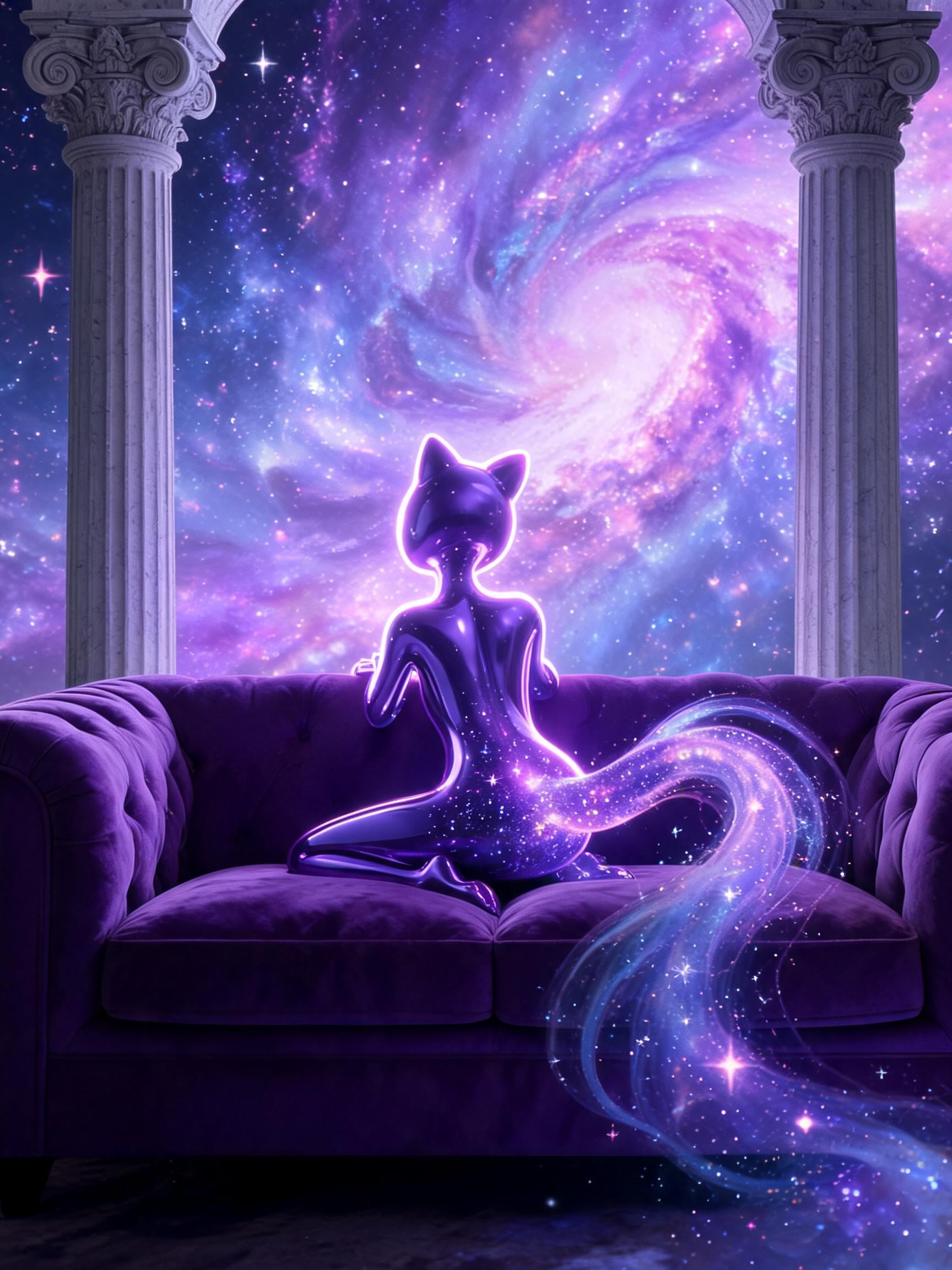 A glossy, anthropomorphic purple figure with a celestial, star-filled tail rests on a plu…