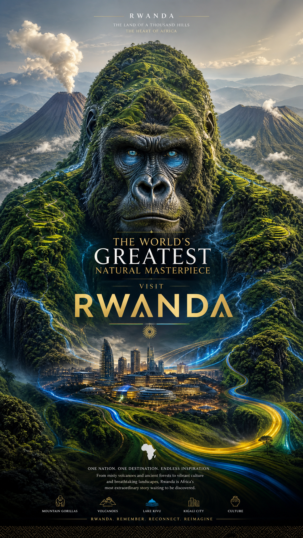Create a revolutionary tourism poster for Rwanda where the entire country is visualized a…