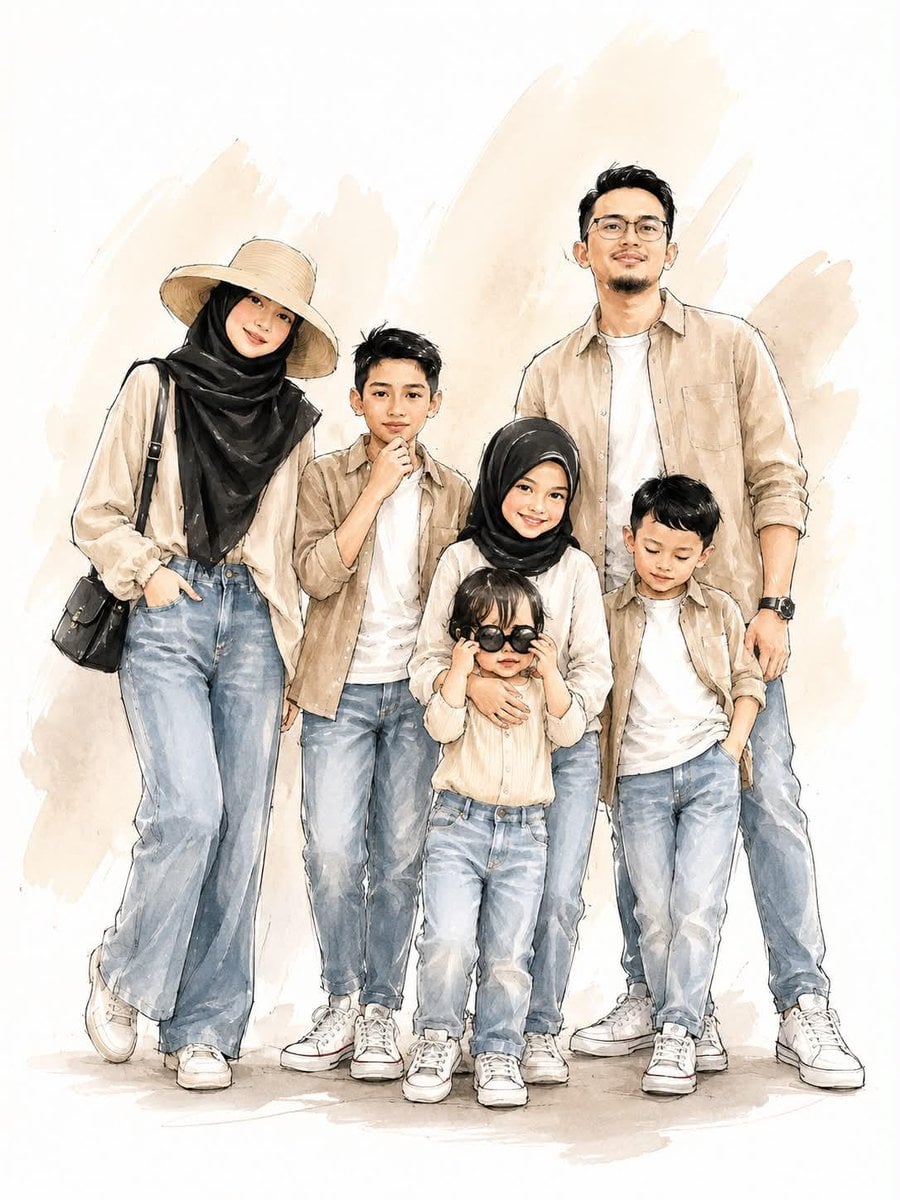 A stylish family standing together, digital watercolor and ink sketch illustration, fashi…