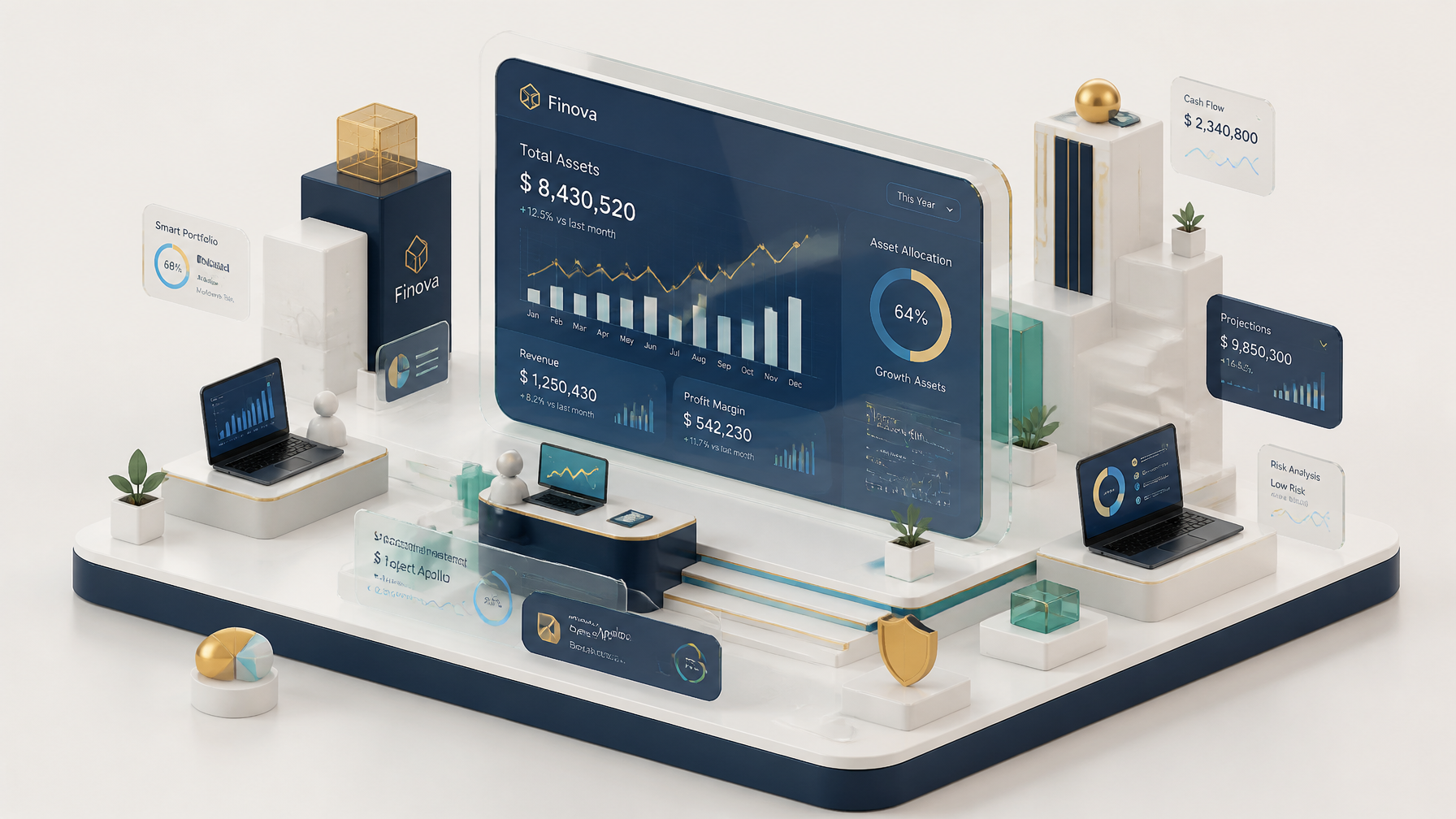 A cutting-edge 3D isometric illustration for a premium fintech startup website hero secti…