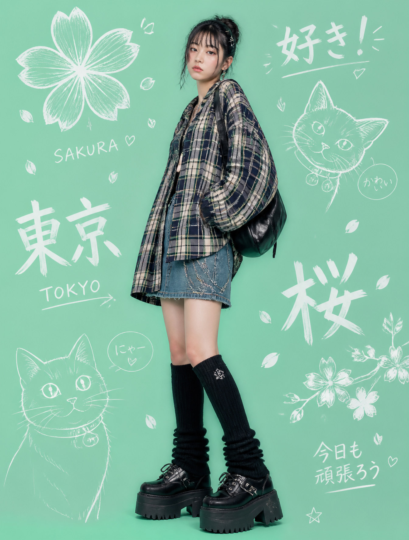 Japanese StreetwearA young Japanese woman in a plaid oversized flannel shirt, denim mini …
