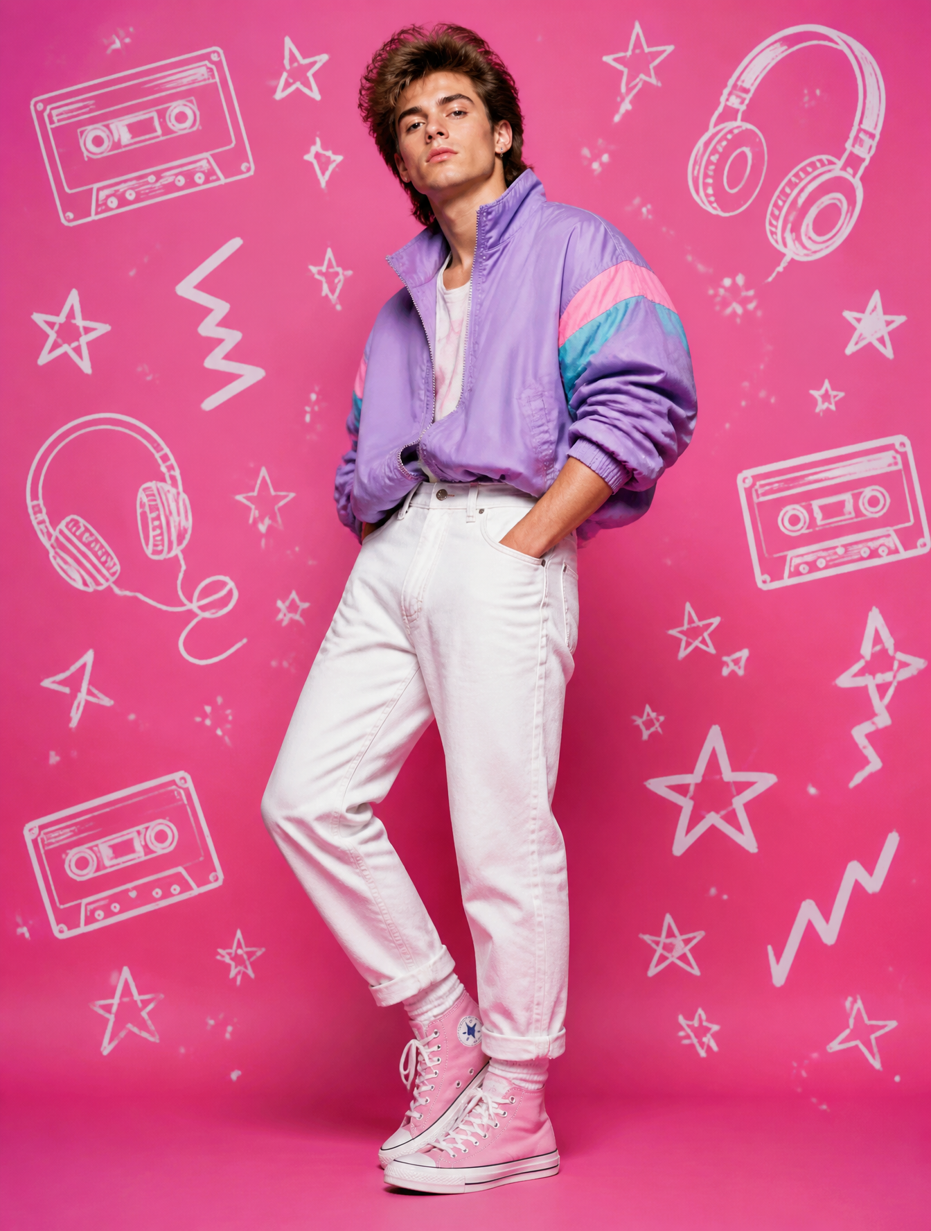 80s Retro PopA young man in a pastel purple windbreaker, white high-waisted jeans, and pi…