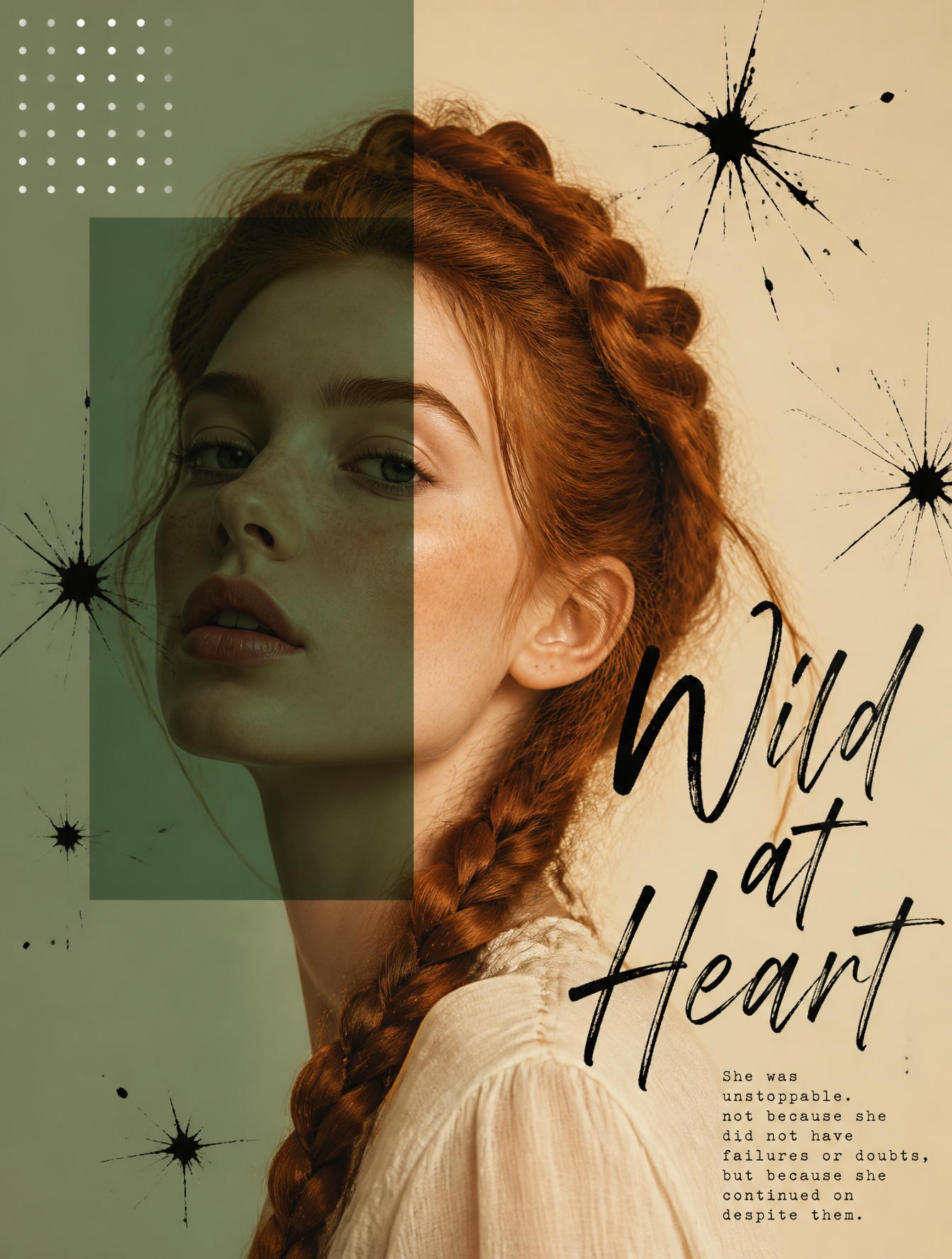 Artistic portrait of a woman with braided red hair, overlapping sage green rectangle with…