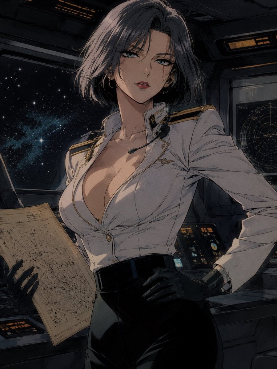 A beautiful adult woman, age 30, with retro space captain energy, short silver-black bob …