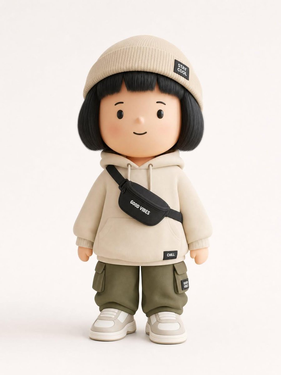 Generate a designer art toy / collectible figurine designed to showcase a trendy 'Outfit …