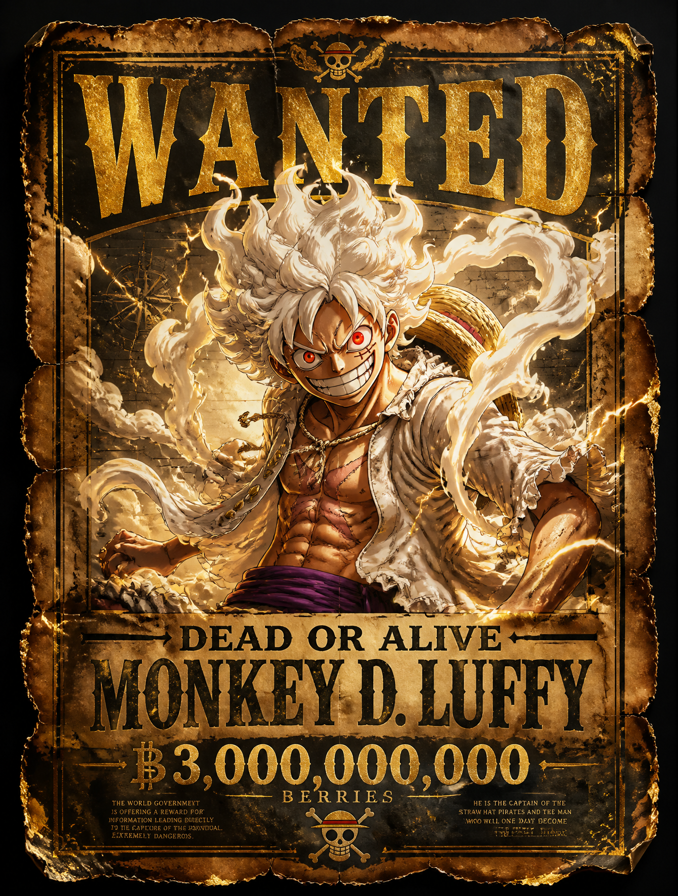 Legendary pirate wanted poster featuring Monkey D. Luffy in Gear 5 form, standing confide…