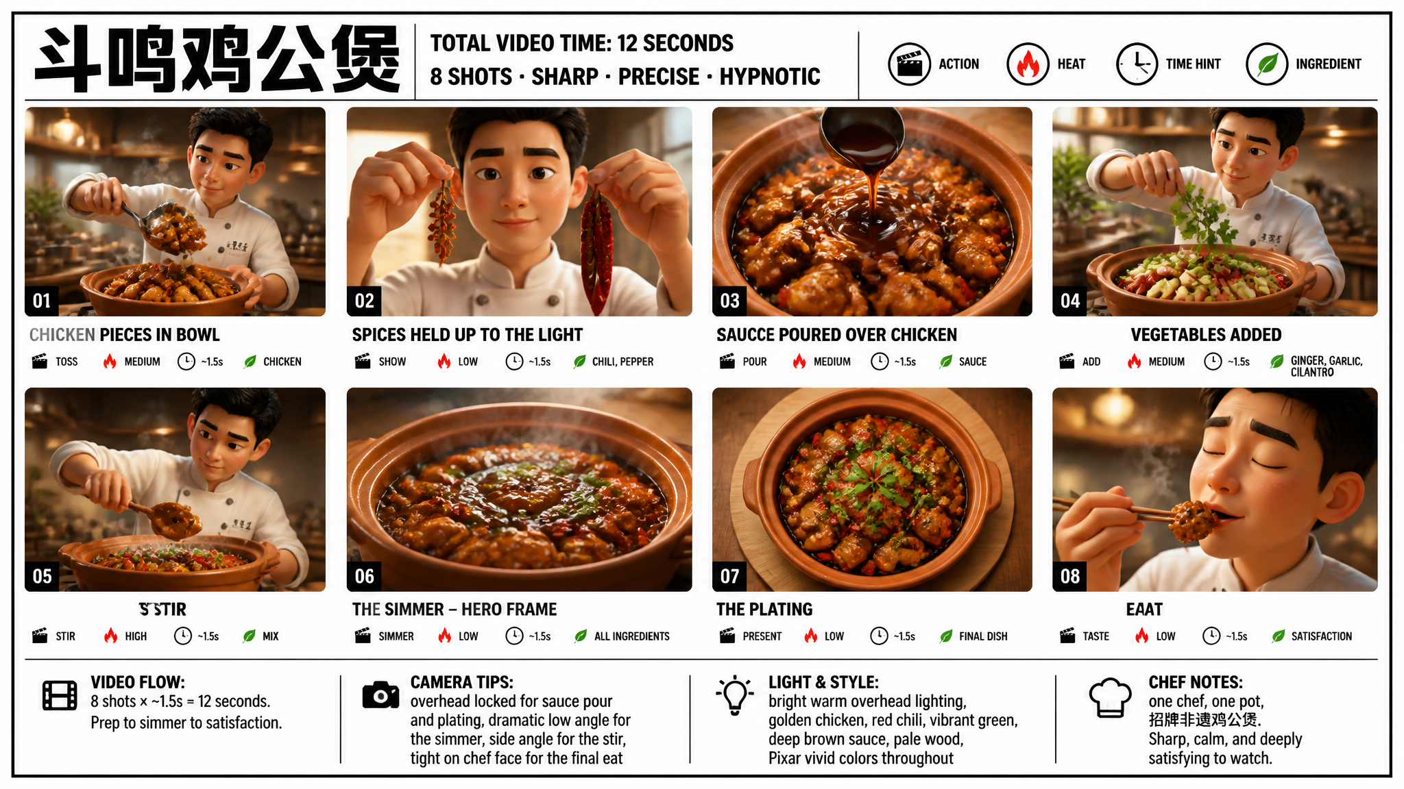 Create a crisp, clean infographic storyboard poster for 斗鸣鸡公煲. Wide 16:9 layout, white ba…
