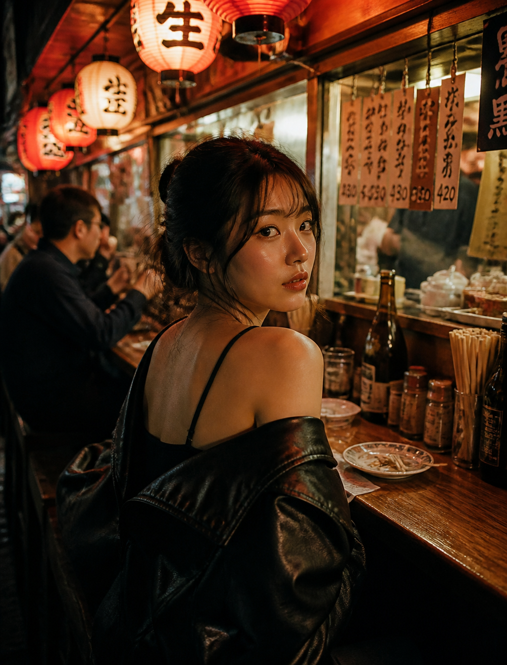 Prompt :A young "East Asian woman" with dark hair styled in a loose up do, sitting at a w…