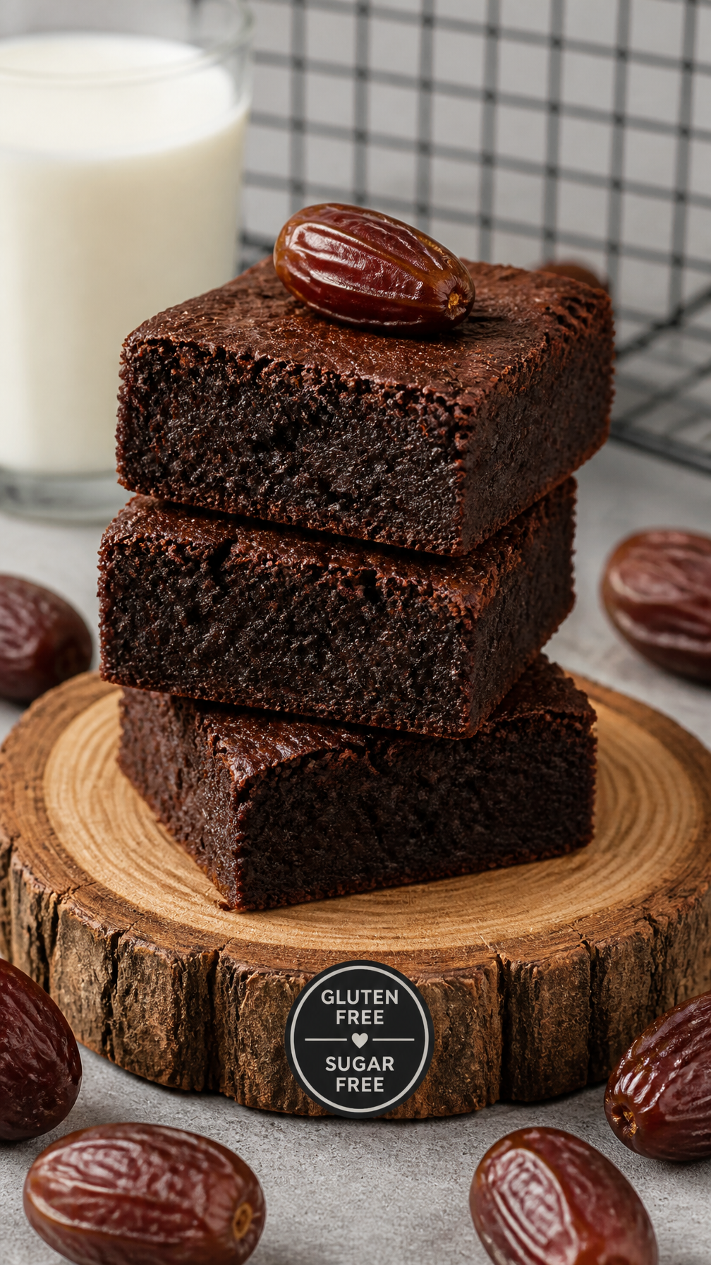 A stack of dense, dark chocolate brownies sits centered on a rustic, circular wood slice,…