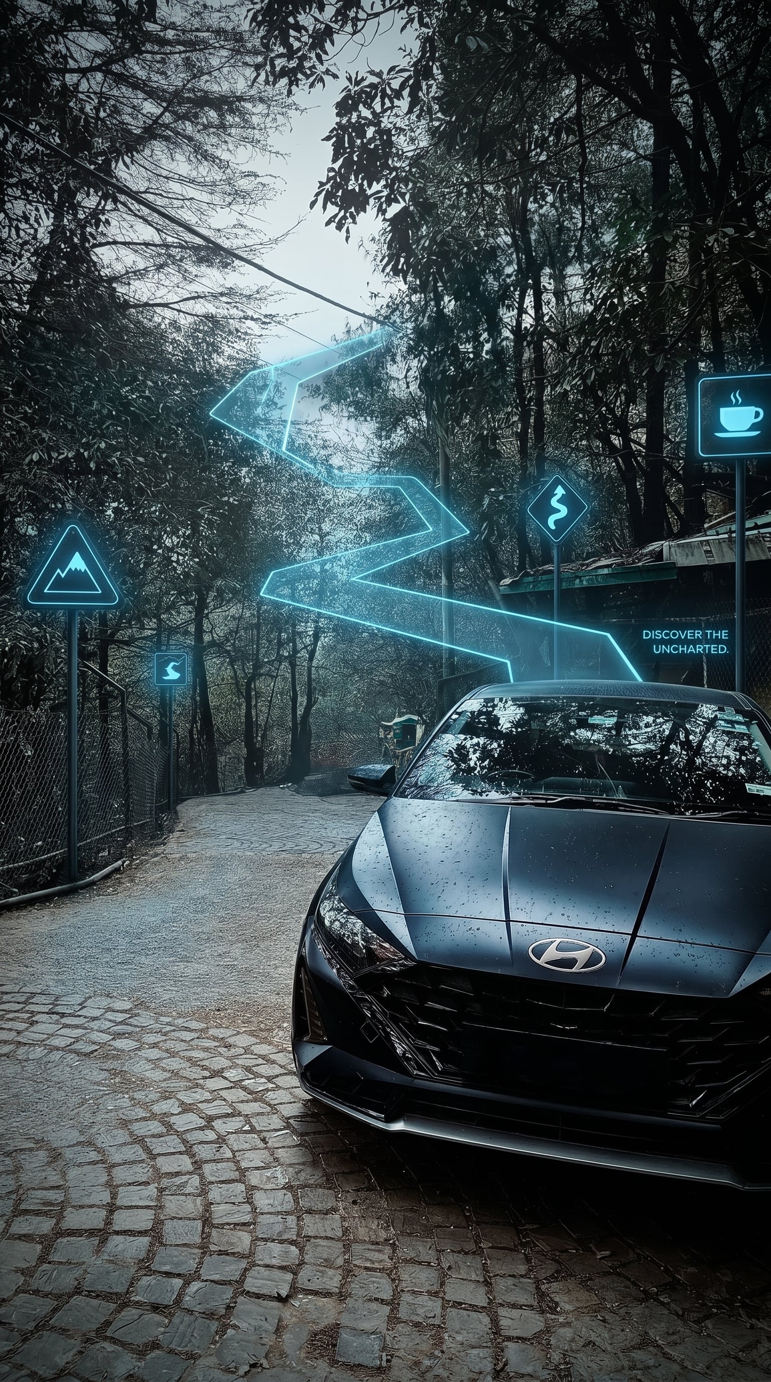 A modern charcoal-grey hatchback sits stationary on a dark, wet cobblestone road nestled …