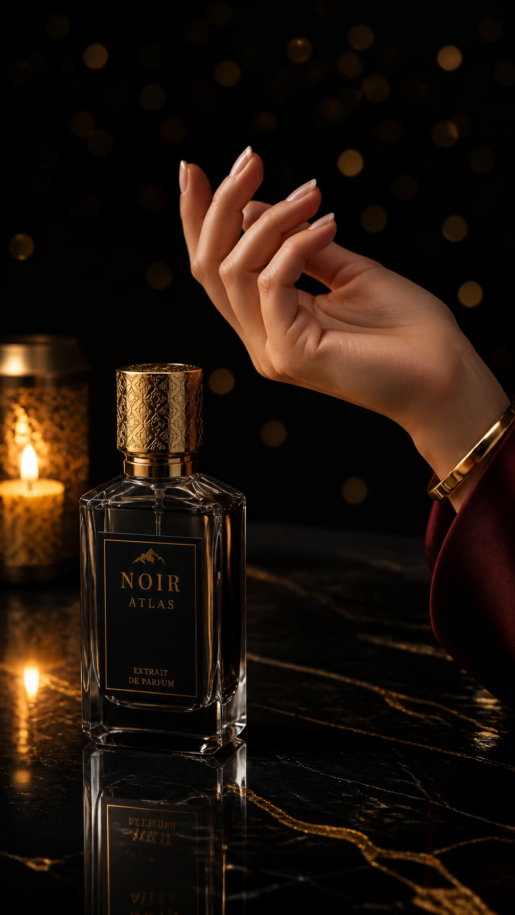 Ultra luxury perfume bottle "Noir Atlas" on black marble surface,