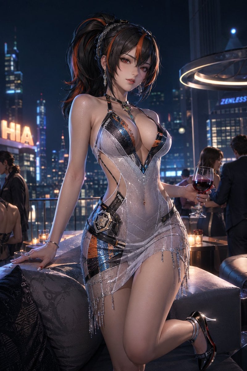 Ultra-luxury couture microdress, translating the selected character’s palette, motifs, an…
