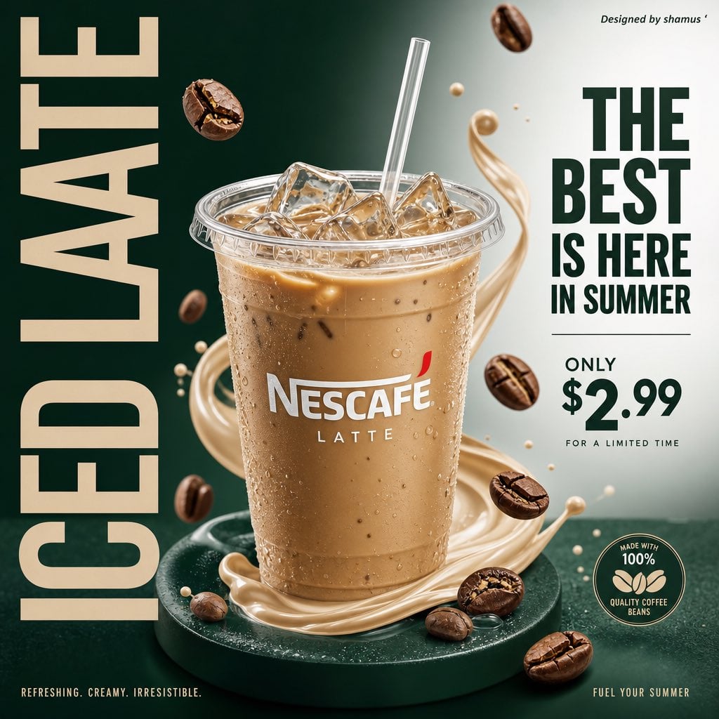 A modern commercial poster design for an iced NESCAFE latte. Centered clear plastic cup f…