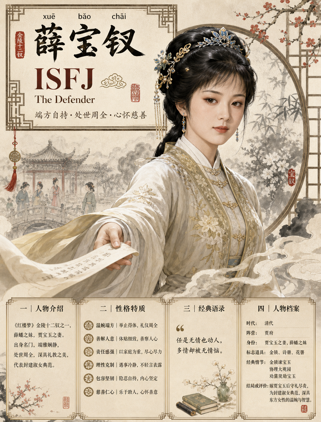 请生成一张【中国古典人物 MBTI 高端国风信息海报】。