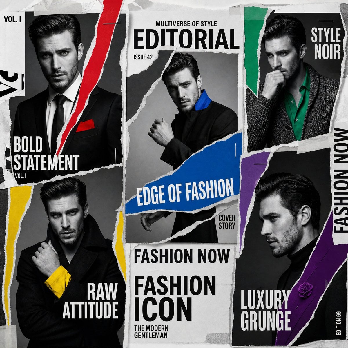 A luxury editorial multi-cover layout featuring the same male model in all frames, arrang…