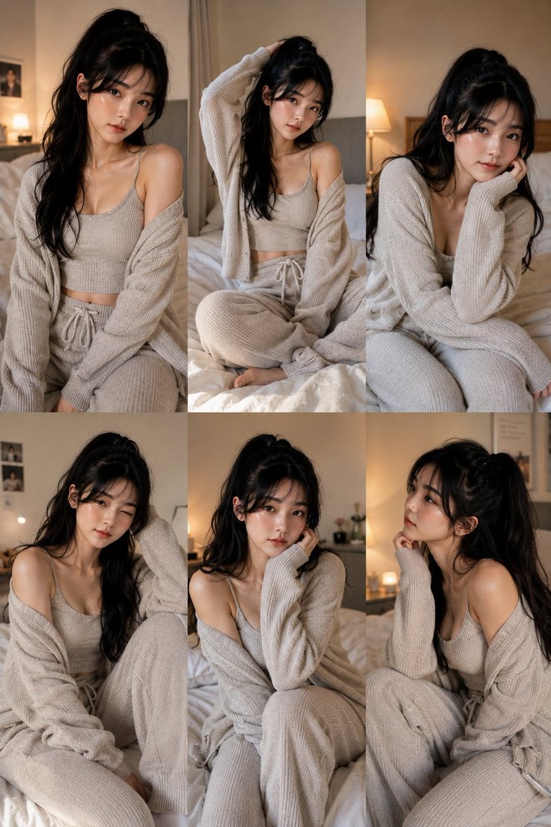 A 3×2 vertical editorial portrait collage featuring six candid lifestyle photographs of a…