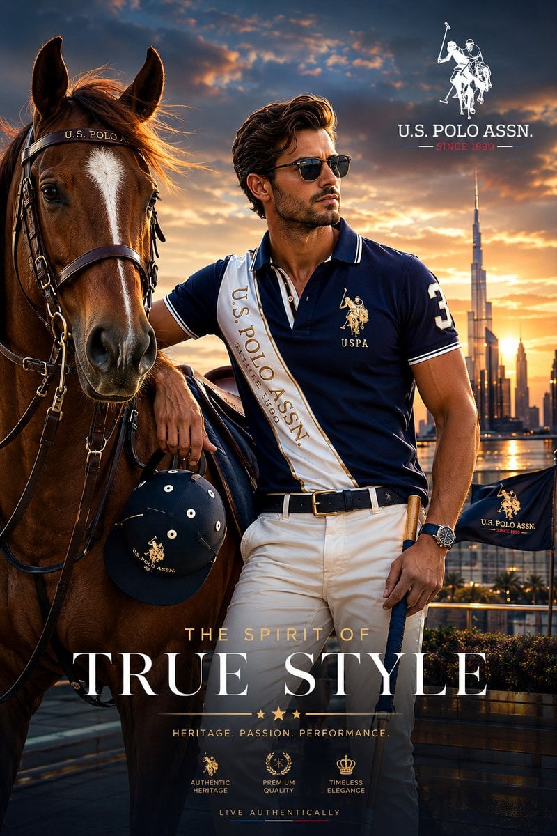 Create a premium luxury fashion campaign poster for U.S. Polo Assn. featuring a confident…