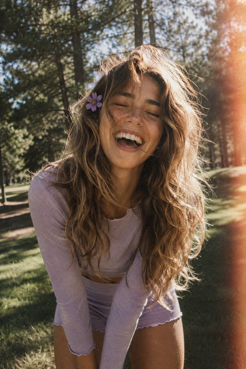 A candid, film-style portrait of a joyful young woman with long, voluminous, wavy light b…