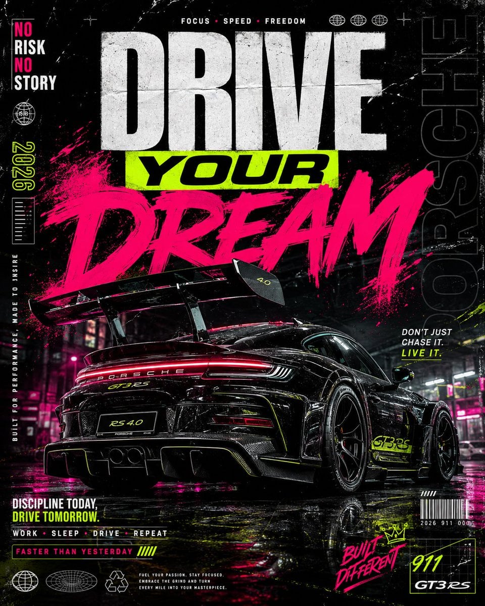 Ultra-premium automotive streetwear poster design featuring a black widebody Porsche 911 …