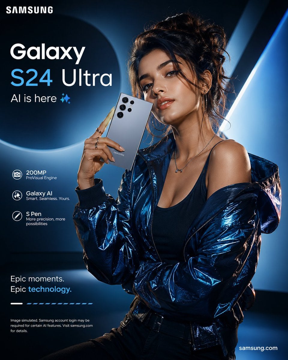Create a premium smartphone advertising poster featuring a stylish young female model in …