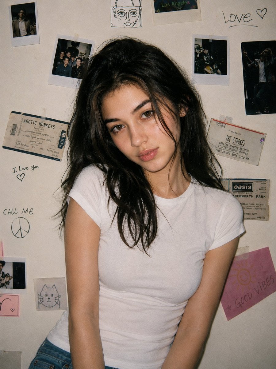 A young woman with the same unchanged face, pale soft complexion, caught in a classic 90s…