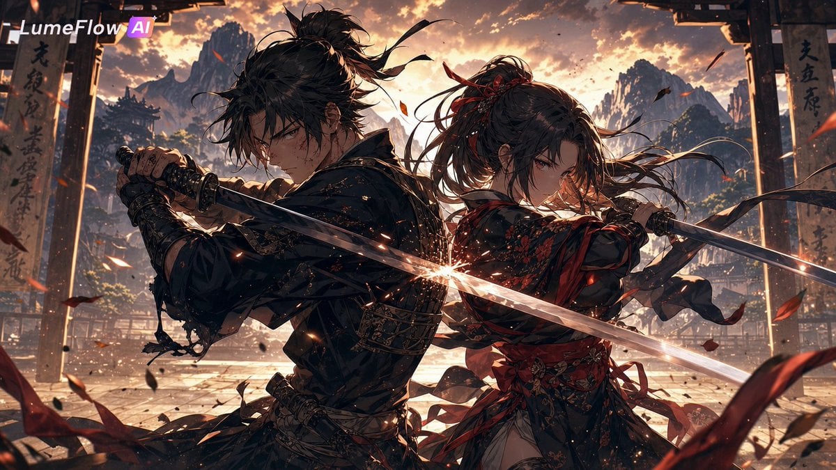 A powerful anime couple training together in a vast mountain dojo at golden sunrise, cine…