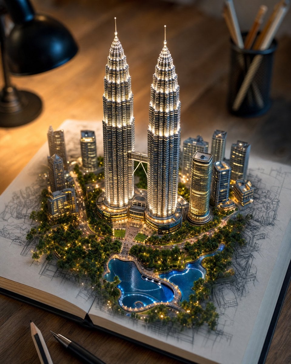 Create a hyper-realistic 3D miniature diorama of [LANDMARK OR LOCATION] rising magically …