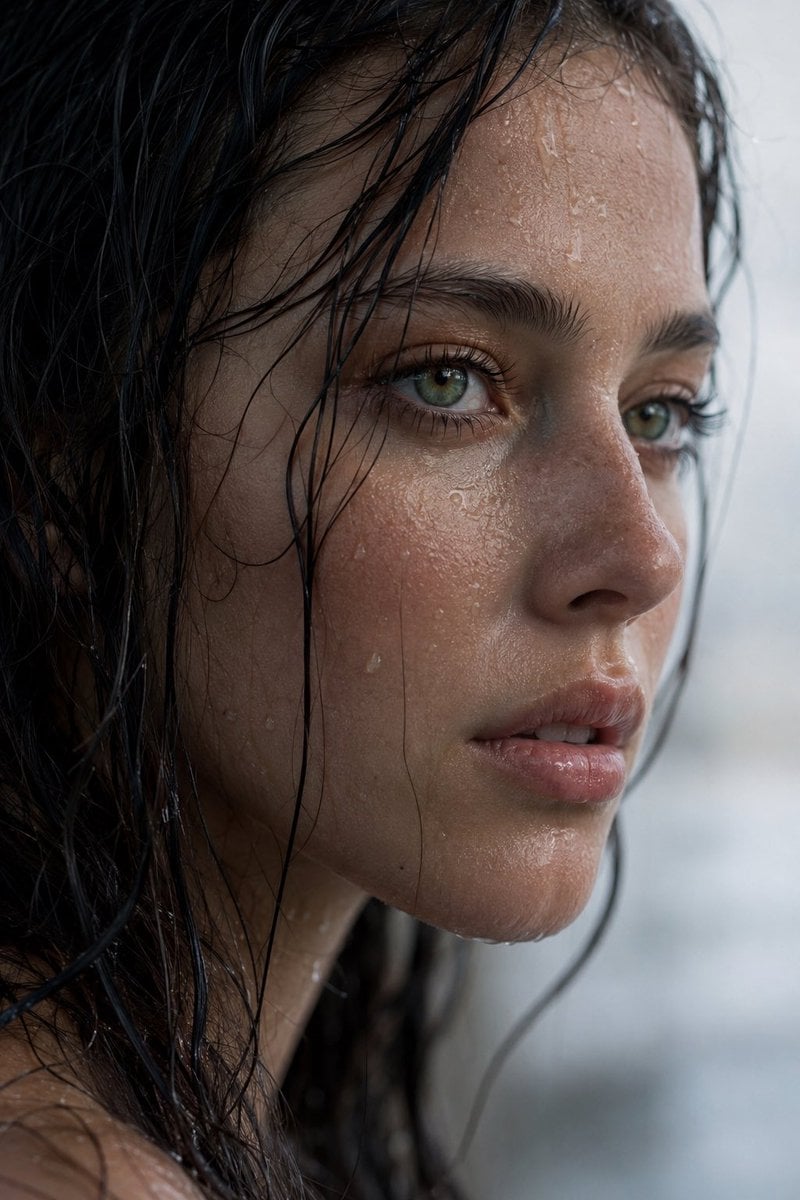 Extreme wet close-up portrait of a young woman in side profile. Dark, rain-soaked hair na…
