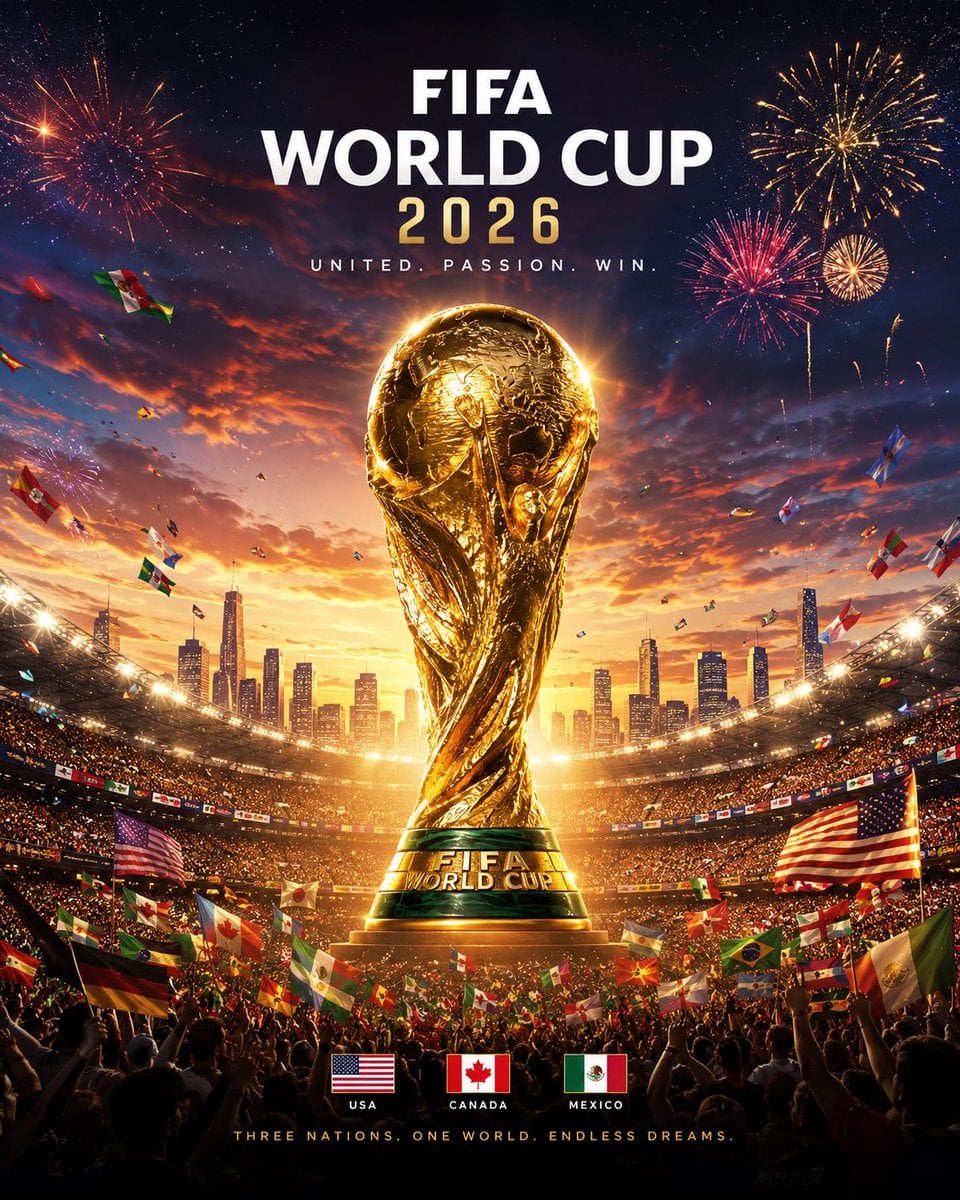 FIFA World Cup 2026 official-style cinematic poster, giant golden World Cup trophy standi…