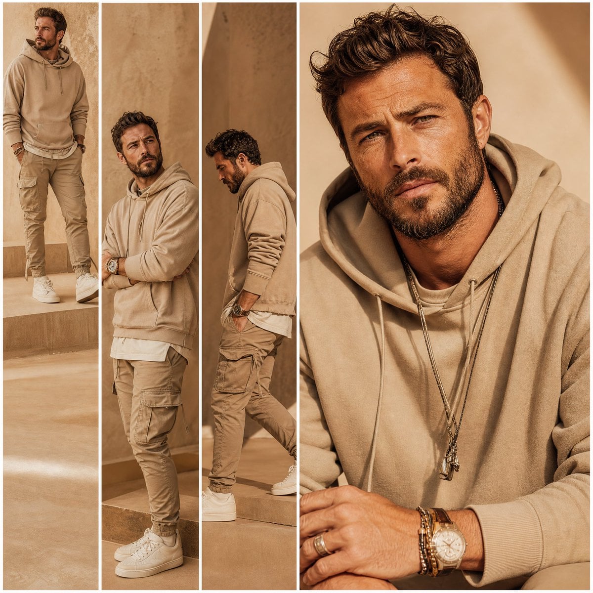A premium fashion lookbook multi-panel collage grid featuring a stylish bearded Hollywood…