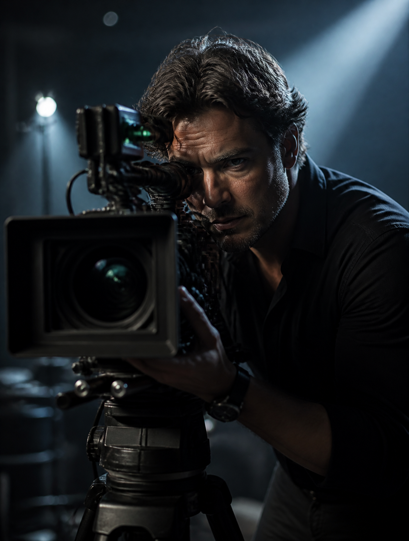 A focused cinematographer operates a professional cinema camera on a tripod, his intense …