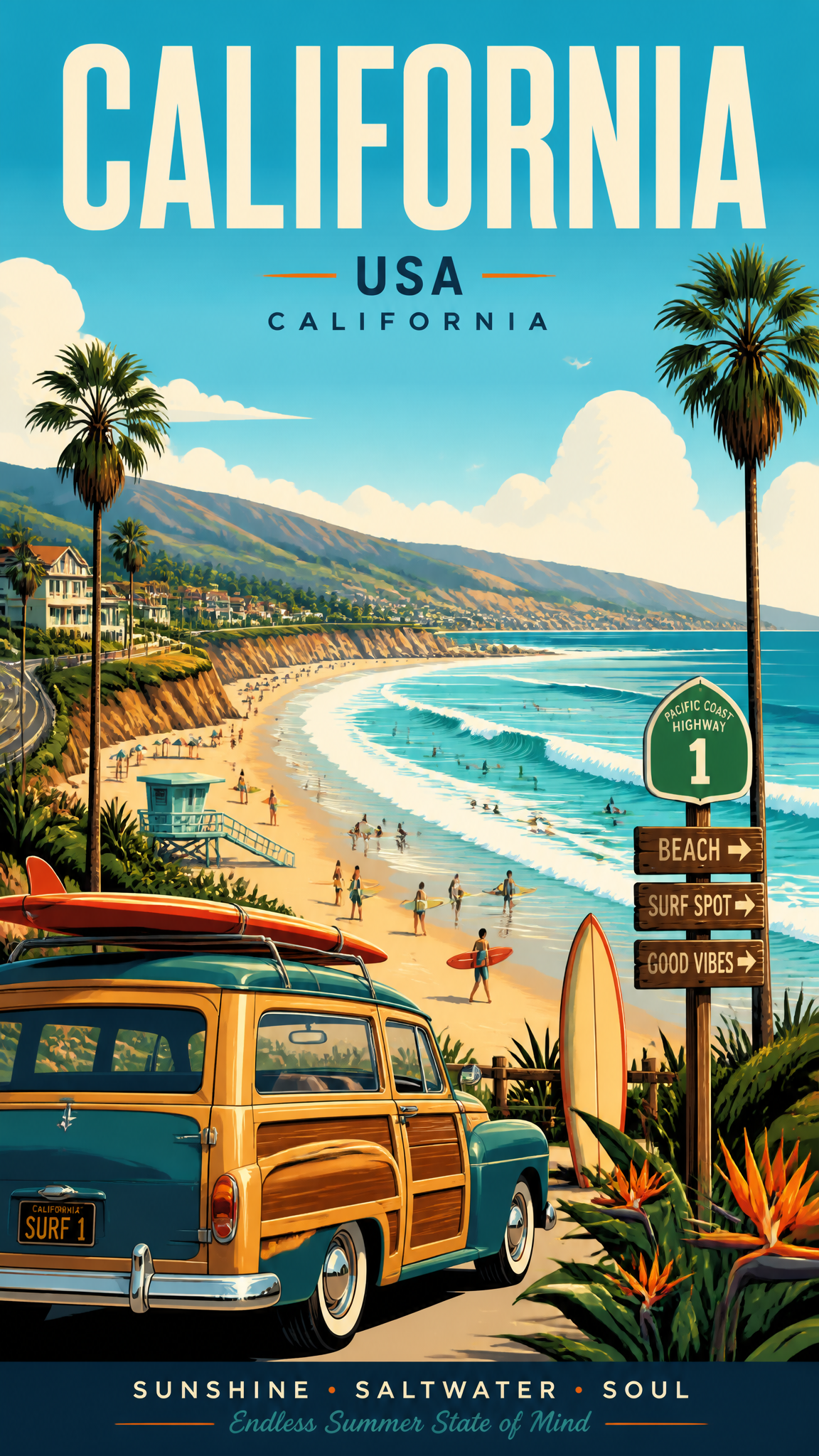 Create an ultra-high-resolution art travel poster of CALIFORNIA, portraying the beach as …