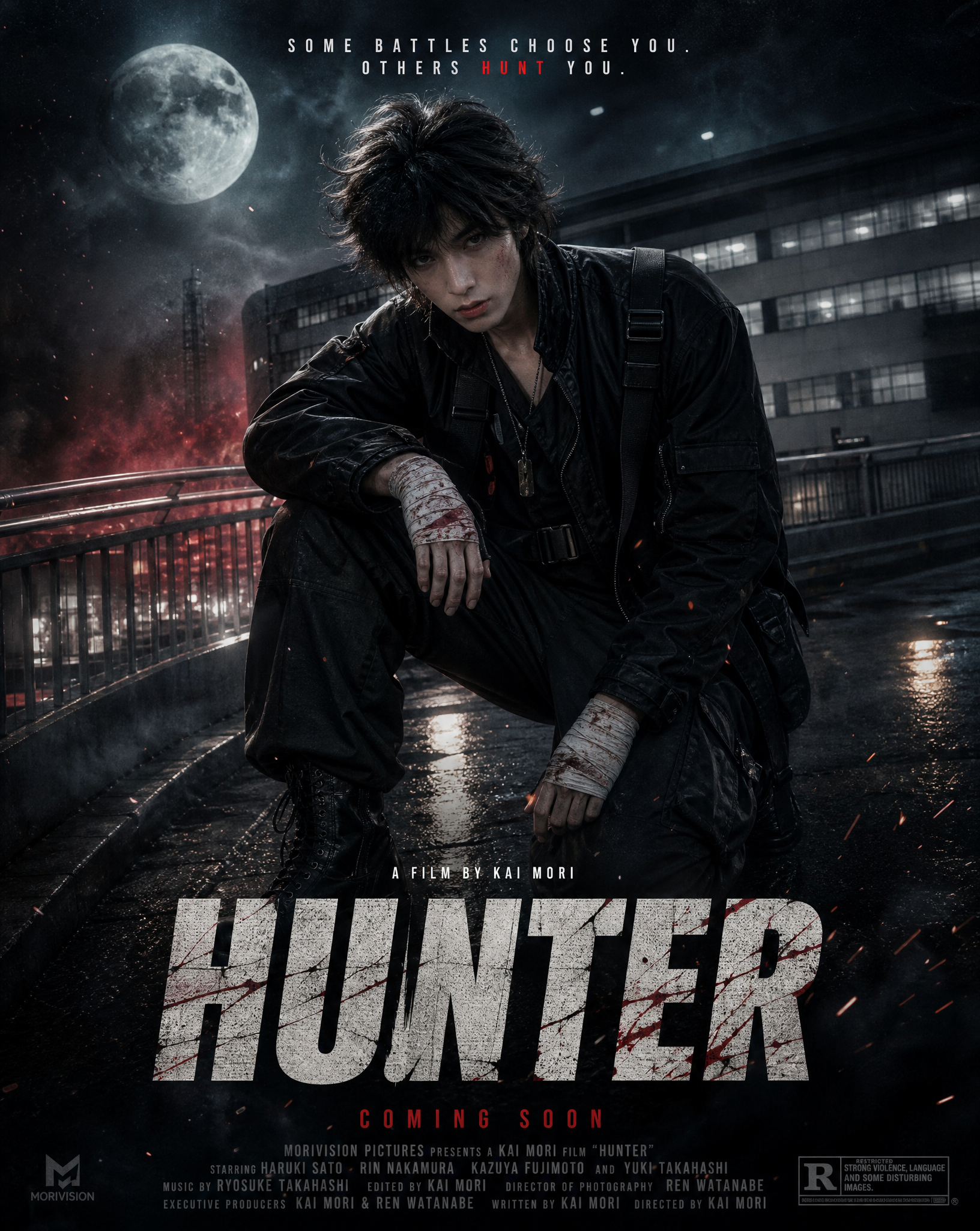 Take this uploaded image and generate a fully designed movie poster for HUNTER. Change th…