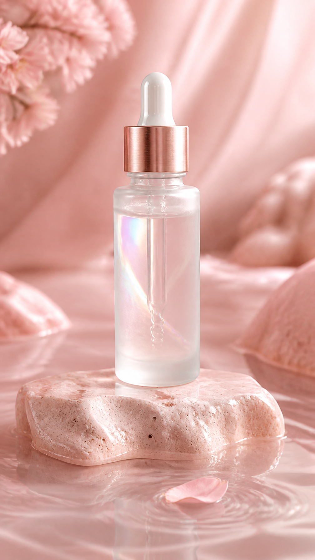 Luxury skincare product presentation featuring a translucent frosted glass serum dropper …