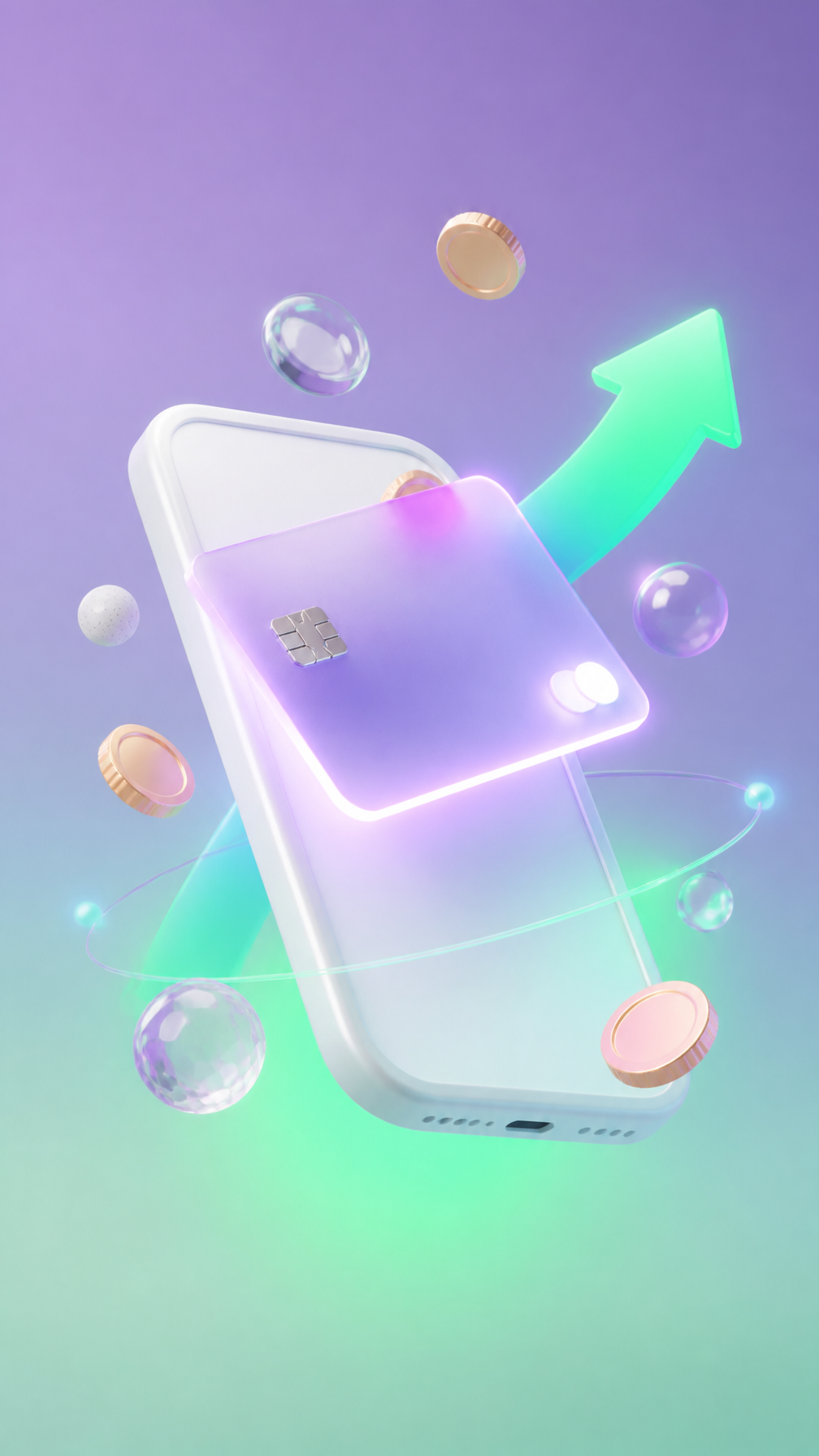 Floating 3D digital wallet illustration designed for a premium FinTech app hero screen. A…