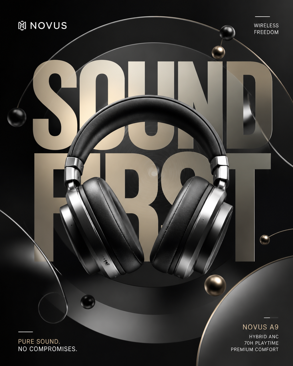 A premium commercial audio-brand advertising poster designed for a modern wireless headph…