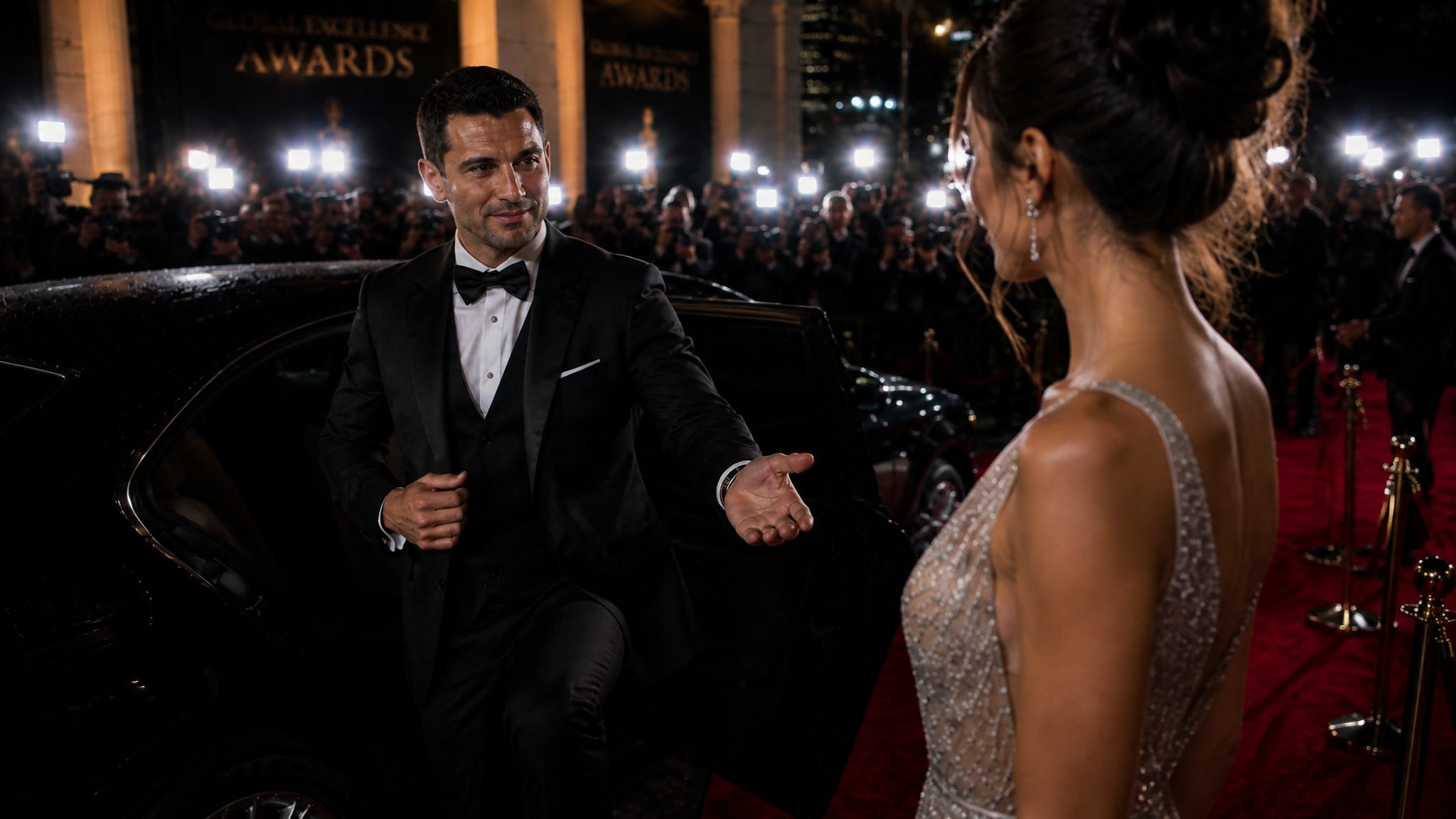 A handsome man in a sharp black tuxedo exits a luxury car, the image shows the man steppi…