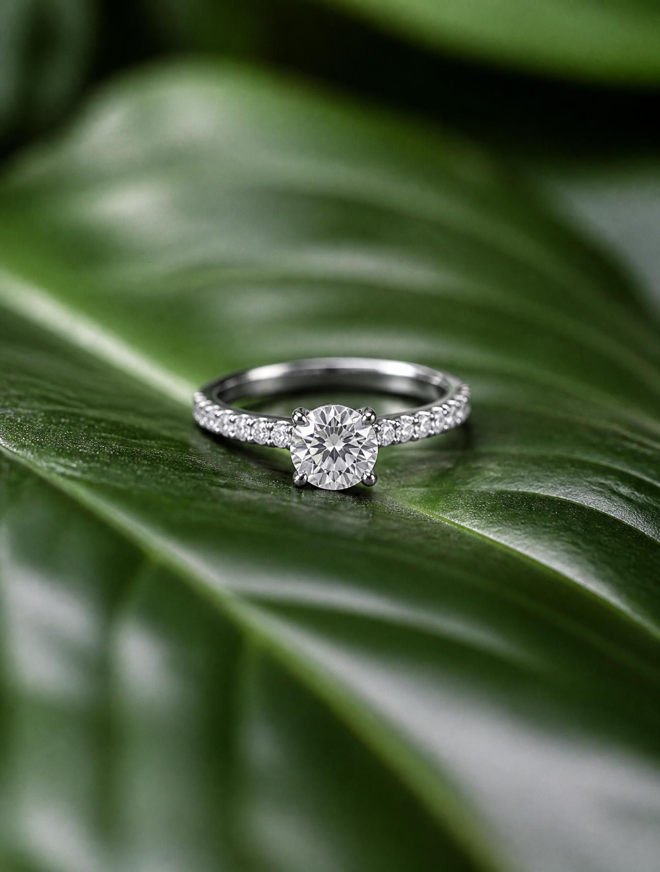 A brilliant-cut diamond engagement ring with a pavé-set band rests delicately on the smoo…