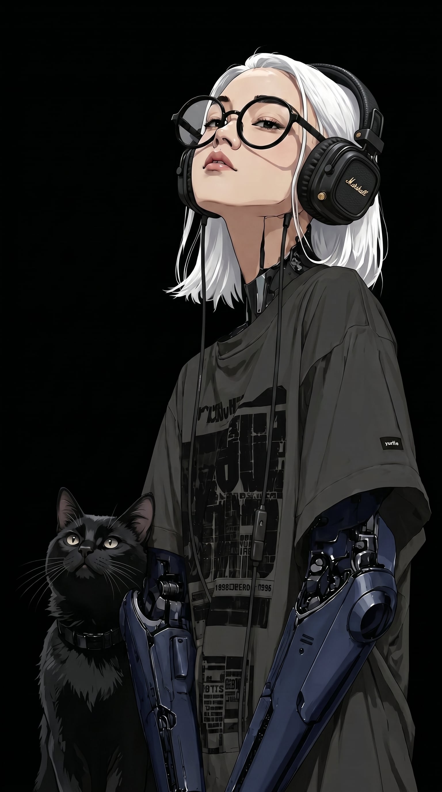 In this style, make the cat black, the color of the mechanical arms dark blue, the dark o…