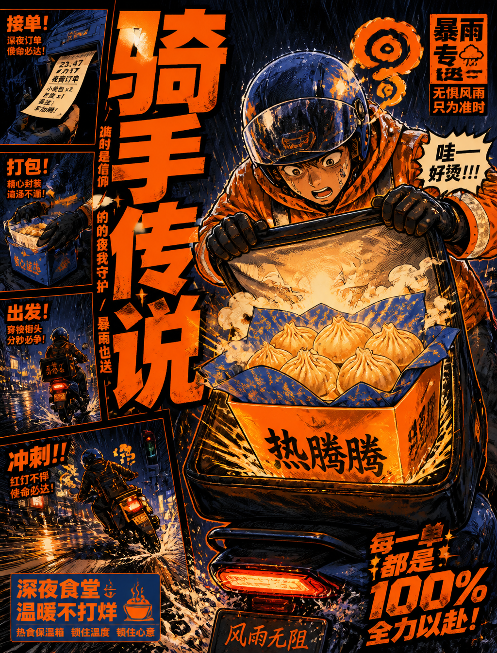 Use the "Lava Orange Deep Blue Manga Delivery Zine Ad Style" visual style as the locked v…