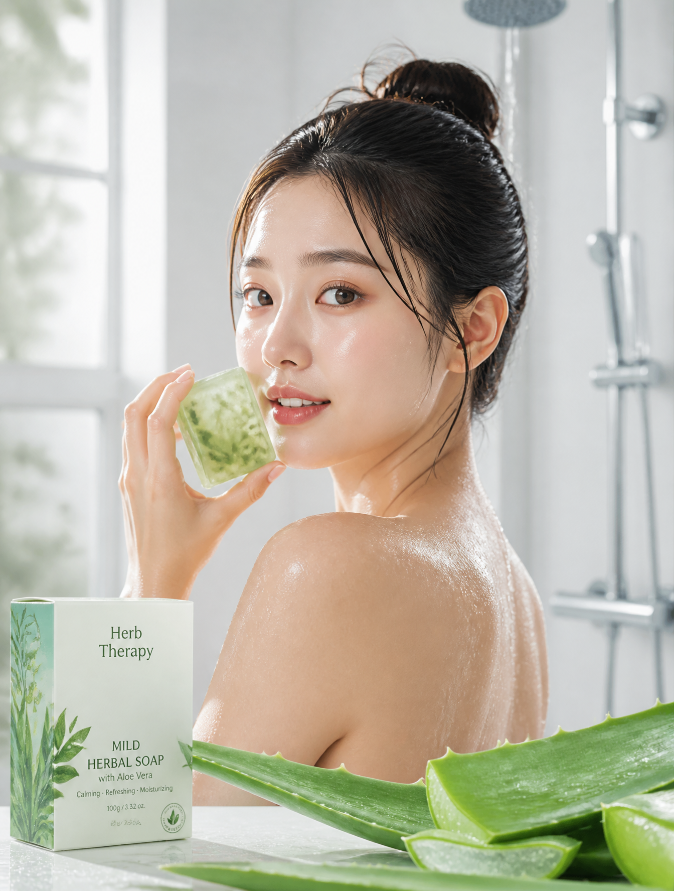 A young East Asian woman with a damp, dewy complexion and hair pulled into a messy bun tu…