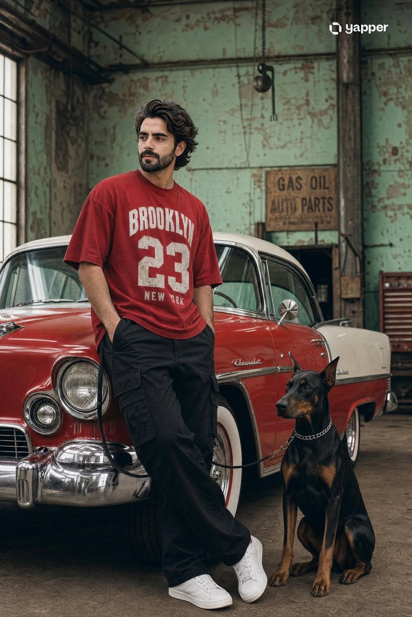 Cinematic streetwear fashion photoshoot. A confident young South Asian man with a beard a…