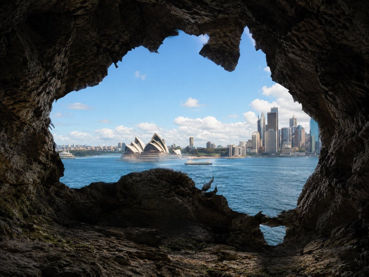 Create a photorealistic image viewed from inside a natural rocky cave looking outward. Th…