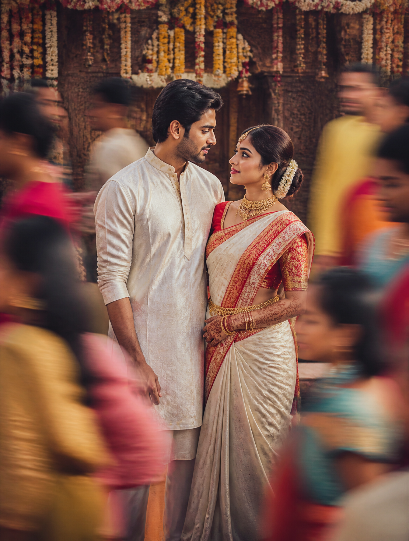 A cinematic Gujarati wedding scene featuring a man and woman dressed in traditional attir…
