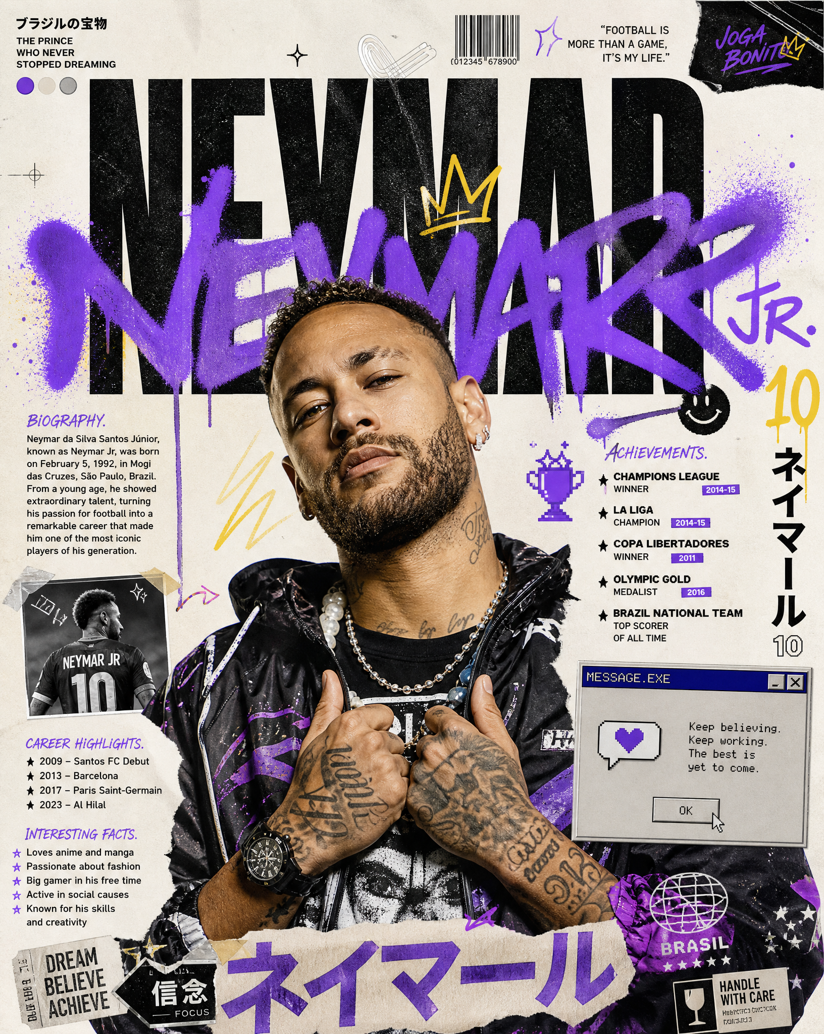Create an ultra-premium modern Japanese street-art editorial poster featuring NEYMAR JR a…