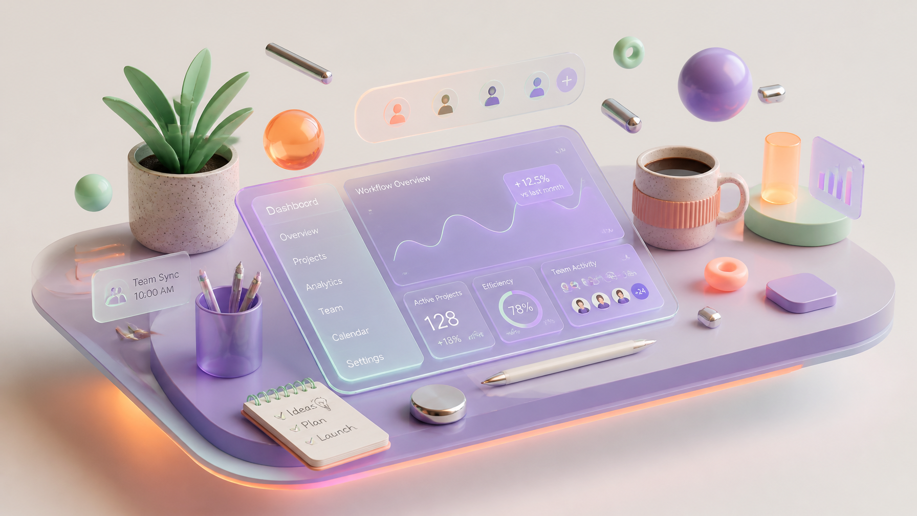 A cutting-edge commercial 3D isometric illustration of a modern creative workspace, desig…