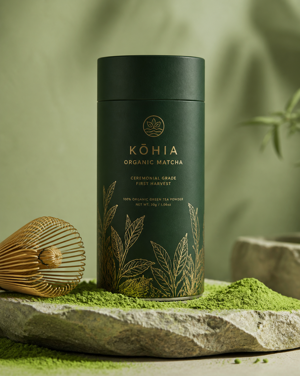 A highly distinctive and premium commercial packaging concept for a luxury organic matcha…